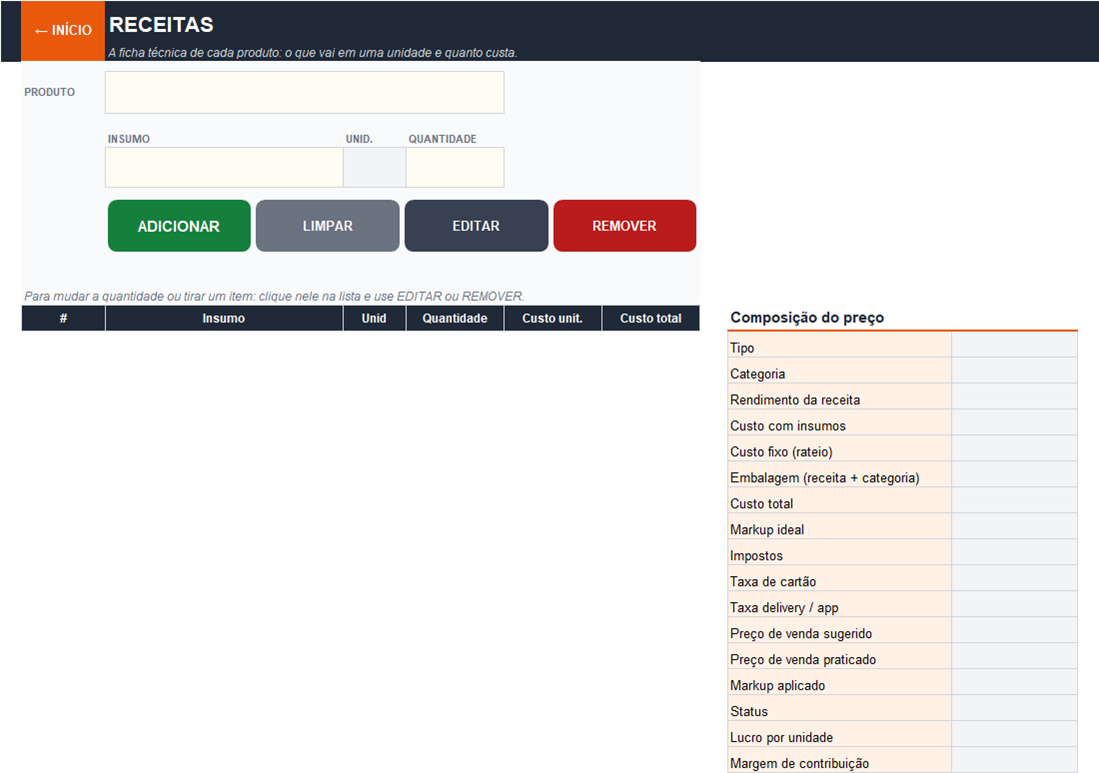 Tela de receitas com a ficha técnica e a composição do preço